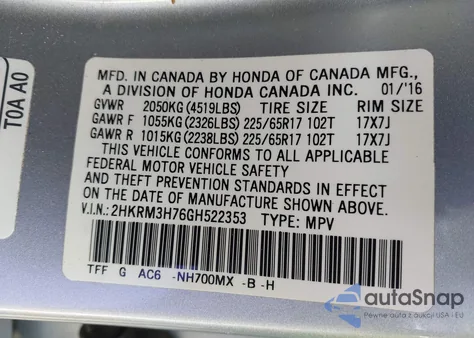 2016 Honda Cr-V Ex-L from USA, damaged, VIN 2HKRM3H76GH522353